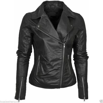 women premium lambskin leather jacket front view