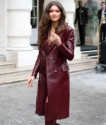 Zendaya Maroon Leather Duster Trench Coat Front View