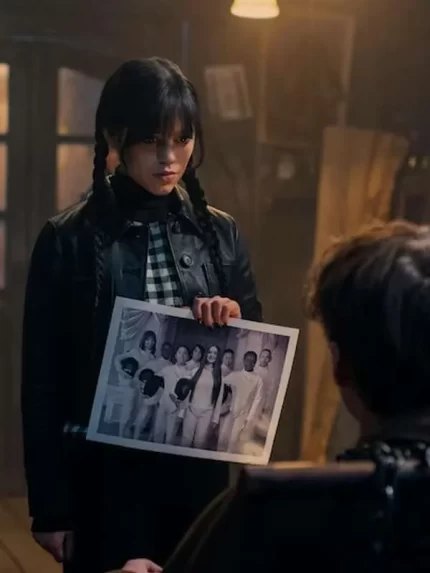 Wednesday Jenna Ortega Black Trucker Leather Jacket Front View