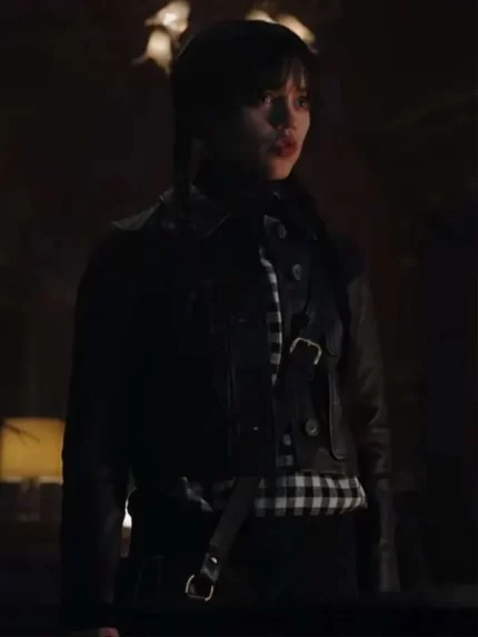 Wednesday Jenna Ortega Black Trucker Leather Jacket Side View