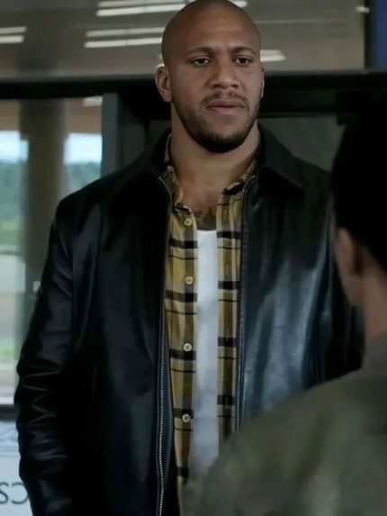 K.O. 2025 Ciryl Gane Plain Black Leather Jacket Closeup Details