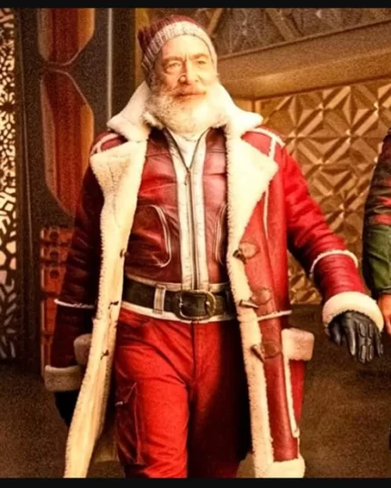 Red One Santa Shearling Fur Leather Coat In Motion