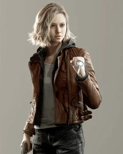 Resident Evil Requiem Grace Ashcroft Hooded Brown Leather Jacket Front View