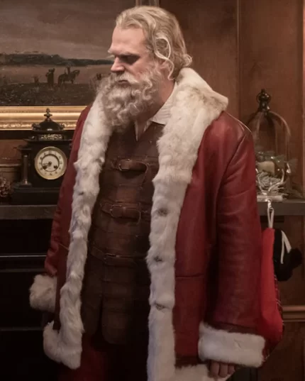 Violent Night David Harbour Red Trench Fur Santa Leather Coat Side View