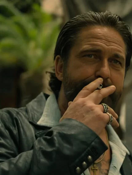 Gerard Butler Den Of Thieves 2025 Black Leather Blazer