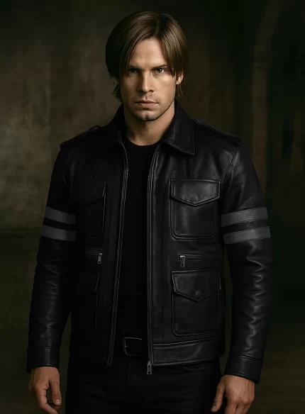 Resident Evil 6 Leon Kennedy Premium Black Leather Jacket front view